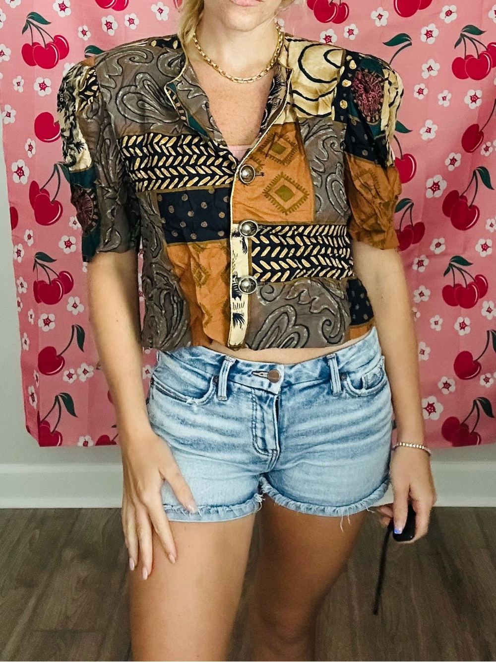 Patchwork Print Puff-Sleeve Cropped Button-Up Top - Brown
